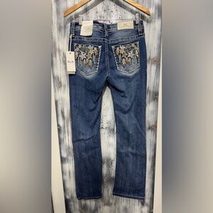 Miss Me Dark Blue Flare Jeans with Floral Embroidery